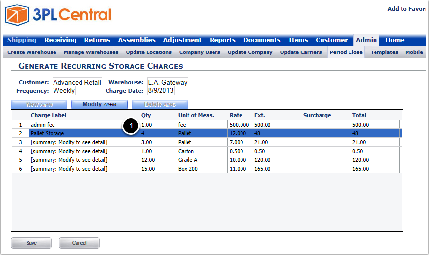 Admin-PeriodClose-GenRecurringStorageCharges-LineHighlighted