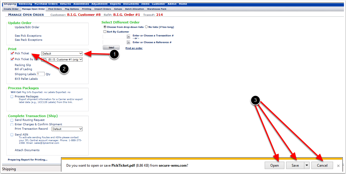 ManageOpenOrder-PrintPickTicket