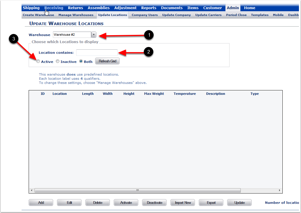 UpdateWarehouseLocations-SelectionOptions